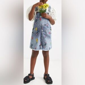 Desigual Blue Denim overalls Shorts embroided flower size 7/8